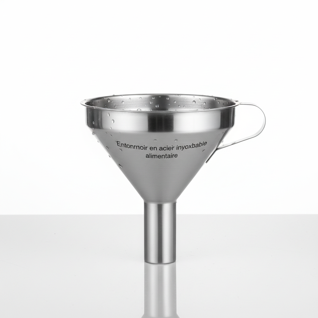 A high-quality professional studio product photography of Entonnoir en acier inoxydable alimentaire on a clean minimalist background